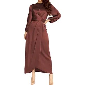F836 # высококачественные женские элегантные платья на заказ, повседневное Атласное Платье макси с длинным рукавом и завышенной талией