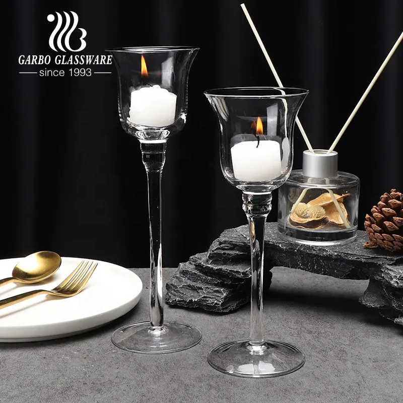 Handmade Clear tulip top 3 size set for wedding holiday festival party candlestick votive cup long stem glass candle holders