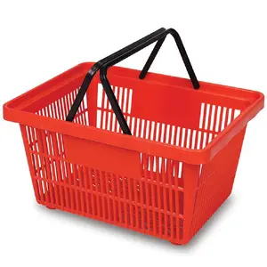 Custom Great Rugged And Durable Large Plastic Portable Shopping Hand Basket With Hollow Grid Red Blue For Supermarket