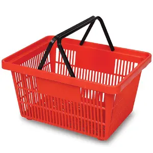 Cesta portátil plástica áspera e durável grande feita sob encomenda da mão das compras com a grade oca azul vermelho para o supermercado