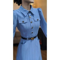 Robe chemise rayée pour femme 9571, manches longues bouffantes, col à revers, mini-robe avec ceinture à la taille