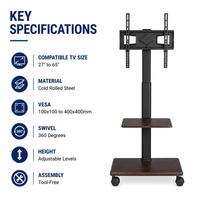 Support TV en bois FS614 avec hauteur réglable VESA 400x400mm, chariot TV sur pied avec roulettes pivotantes à 360°, meuble de salon