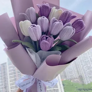 Ide produk baru 2023 tren Crochet bunga buket Faux rajut bunga Tulip pengaturan bunga untuk rumah kantor pernikahan Deco