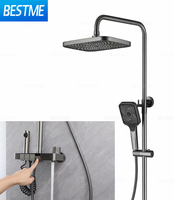Ensemble de douche à effet pluie en aluminium poli argenté avec barre coulissante, mitigeur monocommande finition chromée et cartouche céramique pour hôtels, appartements et villas