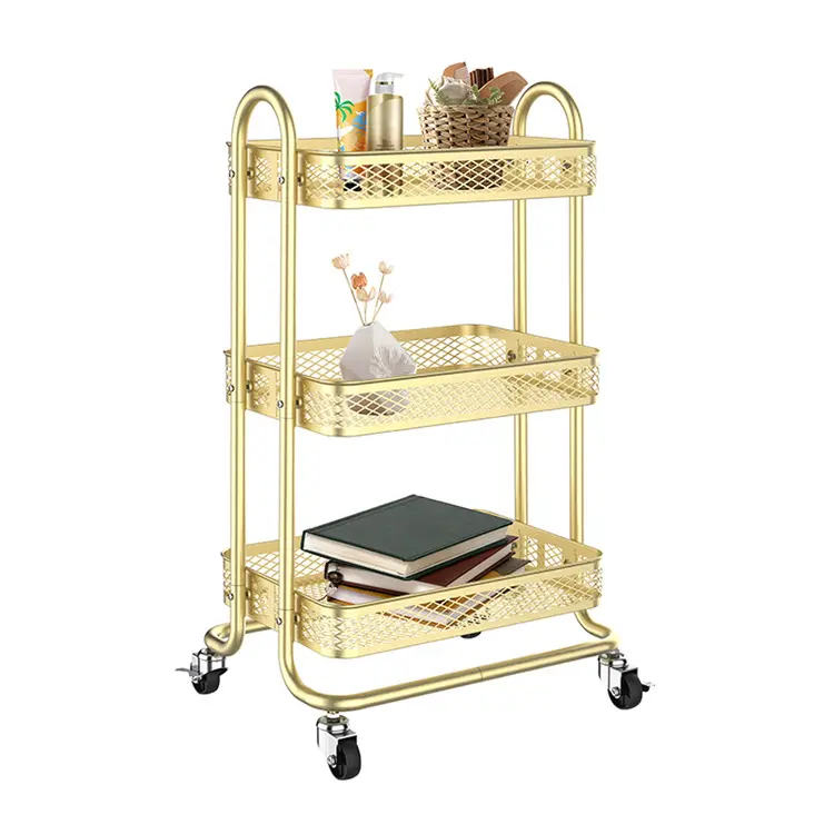 Multifunction Home Hotel Beauty Salon Organizer Gold Metal 3 Tiers Kitchen Storage Rack Trolley Cart with Wheels