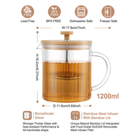 Mug à thé en verre résistant à la chaleur personnalisé, 1200 ml, mug transparent pour thé en feuilles, avec infuseur en acier inoxydable amovible et couvercle en bambou