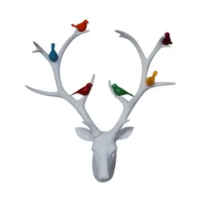 Polyresin white deer head with birds wall hanging