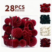 Ensemble de 28 décorations de Noël en velours rouge, boules suspendues luxueuses en peluche, décorations de Noël élégantes en forme de sphère