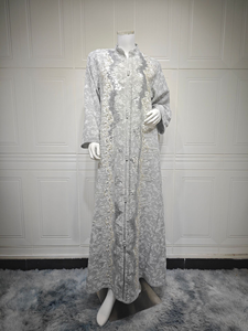 <strong>Zip</strong> Front Stand Collar Sequin Floral Print Abaya, Loose Wide Sleeve Muslim Maxi Dress Women Ethnic Long Kaftan <strong>Gown</strong> - Product Image 6