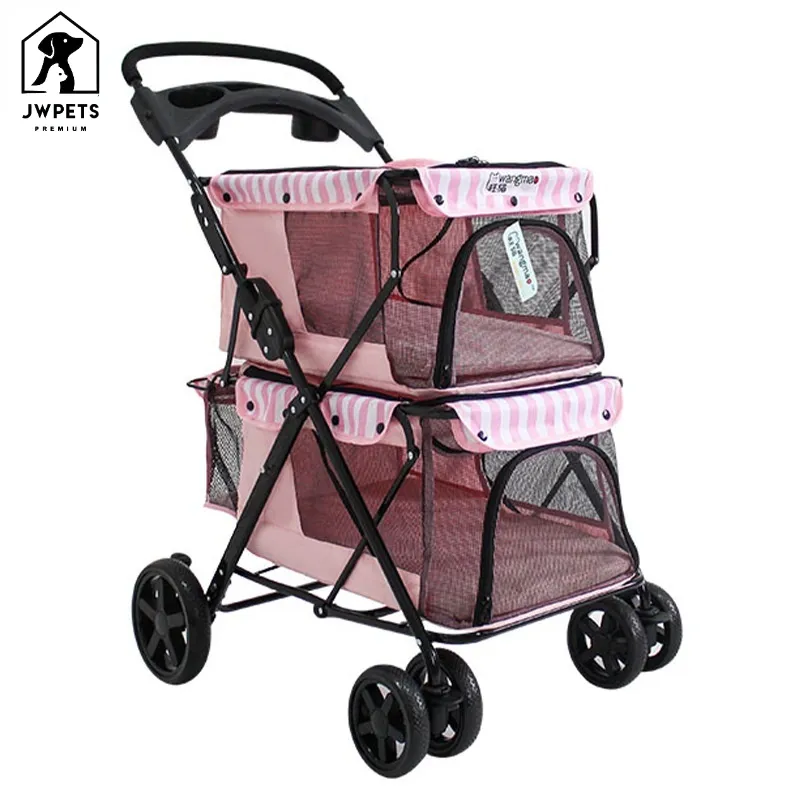 Portable Folding Double-layer Pet Stroller for 2 Dogs cat with Large Space Four-wheeled Double Dog cat Strollers Outdoor Travel