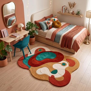 Tapis en laine tufté abstrait contemporain, style rétro bohème, fait main, design tufté à la main pour chambre, salon, appartement, hôtel - Product Image 1
