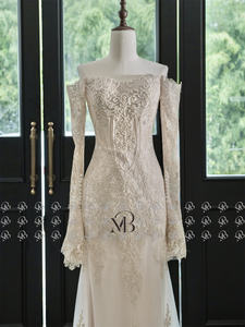 فستان زفاف من ميلي برايدل MQW02203 بتصميم غمد وأكتاف مكشوفة مع تطريز ثقيل بالخرز والدانتيل بلون ذهبي شامبانيا - Product Image 3