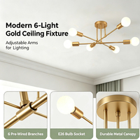 En stock aux États-Unis, lampe de plafond en métal laqué laiton brossé, réglable, 6 têtes, lustre Sputnik, luminaire de style nordique du milieu du siècle, pour l'intérieur