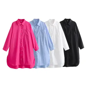 4种颜色向下翻领纽扣向上纯色长袖高低设计休闲时尚女式衬衫和上衣