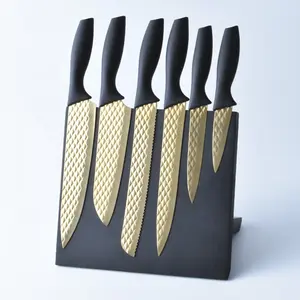 Unique New Design Golden Titanium Kitchen Knife Set with Magnetic Wooden Block