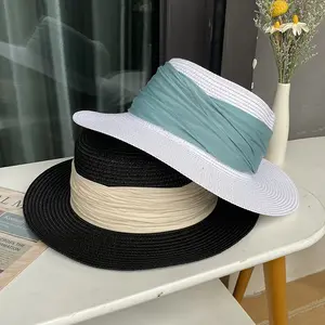 Women Retro Summer Ribbon Flat Top Hat Versatile Beach Outing With A Large Brim Sun Shading Straw Hat