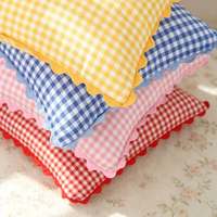 Housse de coussin à broderie unique, bordure festonnée en ric-rac, motif écossais, style européen, en gingham teint en fil, pour la décoration de canapé et de la maison