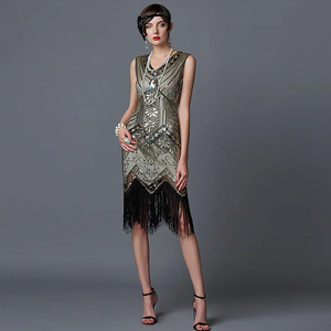 Gatsby Evening Gown Midi <b>Skirt</b> Strapless Sequined Tassel Vintage Dress Women's Clothing - Product Image 1