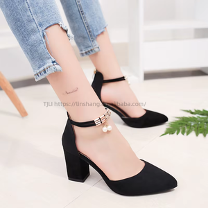New Designer V Women Pointy Chunky <b>Heels</b> Pumps Black Ankle Strap <b>Heels</b> for Women - Product Image 1