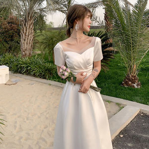 Satin Wedding Dress A-Line Sweetheart Neckline Natural Waist Splicing Simple Style White Gown For Travel Photography - Product Image 1