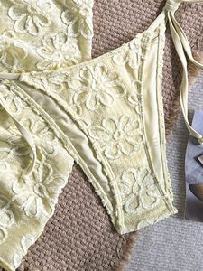 Hot Selling Yellow Floral Lace Three Piece <b>Bikini</b> Halter Triangle Cup With Mesh Wrap <b>Skirt</b> Women Swimwear Beach Vacation Trip - Product Image 5