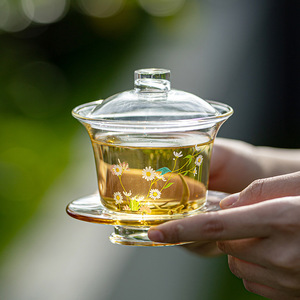 Taza de té Gaiwan de vidrio de borosilicato de alta resistencia con forma de margarita, con tapa, resistente al calor, para té verde, juego de té Kung Fu - Product Image 1