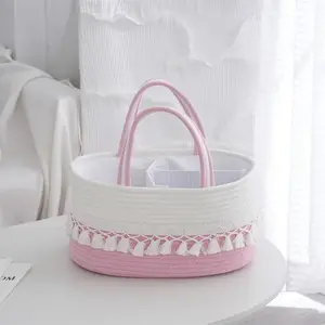 Organizador de fraldas de bebê portátil grande capacidade cesta de corda de algodão organizador de fraldas de bebê caddy saco de fraldas para mamãe