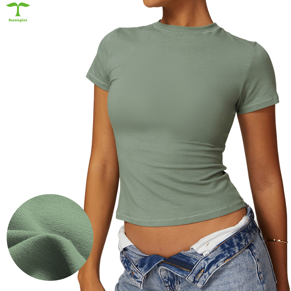 Custom logo Breathable Cotton Girls Plain Round Neck Skinny Crop Top Women Short Sleeved T Shirt Gym Fitness Top Woman Yoga Top