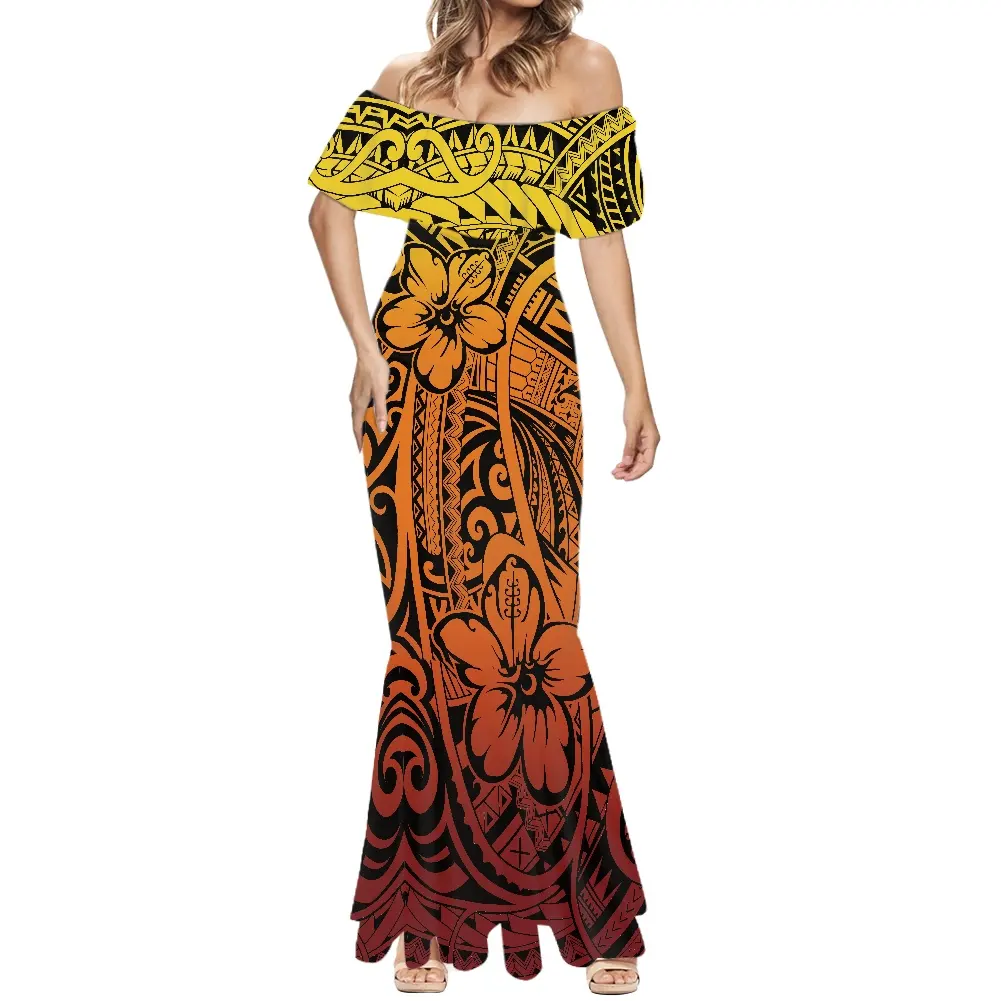 Roupa havaiana elástica promocional, hibisco, roupas polinésia personalizada, ombro fora, sexy, maxi, roupas femininas, vestido de sereia