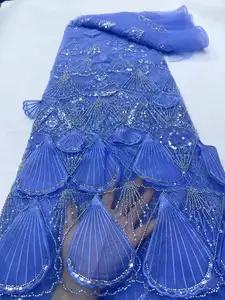 Tecidos atacado tecido de renda pesada com miçangas e pérolas para casamento tecido de renda de noiva com miçangas 3D de luxo para material de noiva