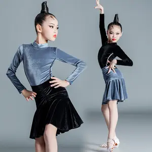 Winter Children Latin Dancewear Long Sleeve latin dance dress red Practice skirts Outfit costume for Girls