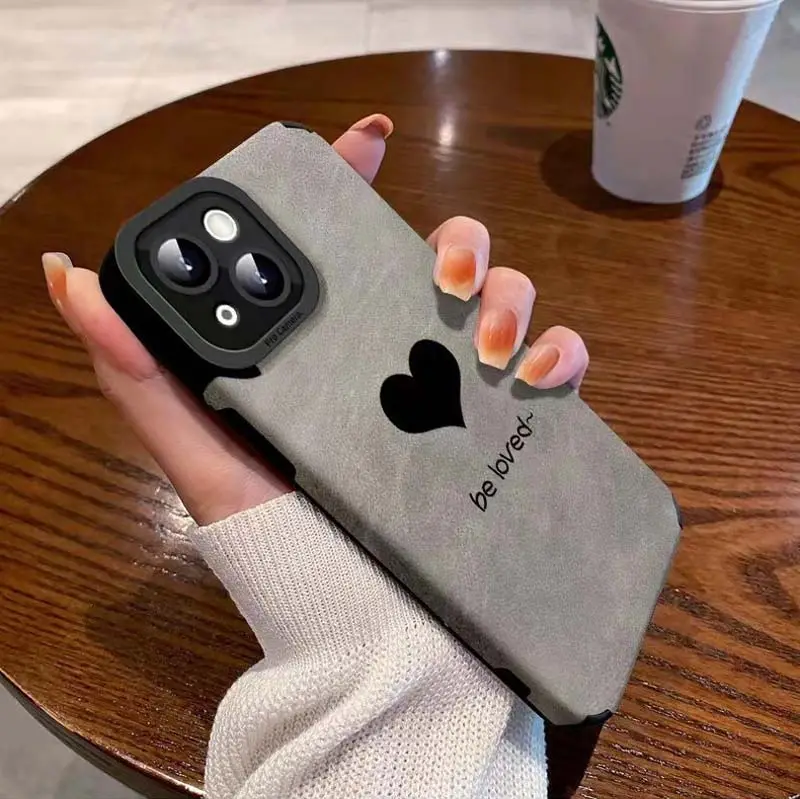 Gray Suede Pattern Love Heart Printing Soft TPU Leather Mobile Phone Cover Case For Iphone 7 8 X Xr Xs 11 12 13 14 15 Pro Max