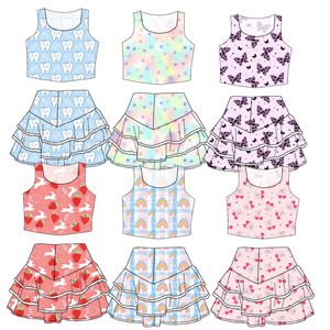 Nouveautés d'été : Ensembles personnalisés pour petites filles, chemisiers et jupes courtes avec bordure en dentelle - Product Image 1