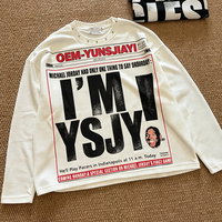 T-shirt imprimé graphique streetwear personnalisé, 100 % coton, manches longues, coupe ample, effet délavé