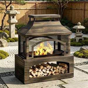 <span class=keywords><strong>Cheminée</strong></span> à bois autonome existante avec rangement pour bois, écran anti-étincelles métallique réglable et sécurisé pour le chauffage de cour et de jardin - Product Image 1