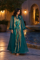 Robe longue modeste de luxe en polyester avec broderie de sequins, col montant et manches transparentes, idéale pour l'Aïd, les mariages et les grandes occasions (Abaya)