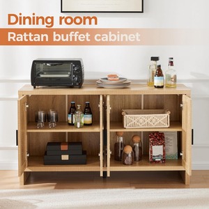 Buffet en bois et rotin de style farmhouse avec rangement, portes et étagères réglables pour cuisine, salon et salle à manger - Product Image 2