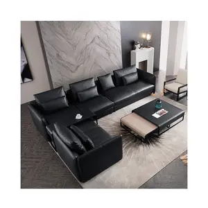 Sofá de canto nórdico de couro preto, sofá de canto moderno italiano para sala de estar