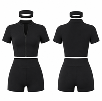Ensemble de yoga 3 pièces : veste zippée, short taille haute et bandeau assorti |   Tissu extensible léger et respirant