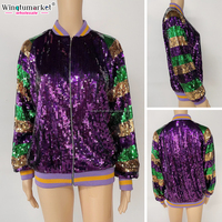 Vêtements Mardi Gras RTS, veste bomber à paillettes, rayures violettes, fermeture éclair côtelée, manteaux scintillants pour femmes, vestes à paillettes pour femmes