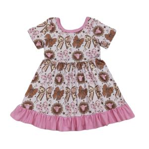Vestido de Verano para Niña GSD3384 RTS, Color Rosa Marrón con Estampado de Lazos, Manga Corta, Vestido al por Mayor - Product Image 1