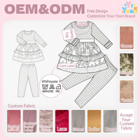 Ensemble boutique pour petites filles, robe tunique à manches longues avec poignets en dentelle et rayures, leggings rayés assortis, tenue d'automne à volants floraux et pois