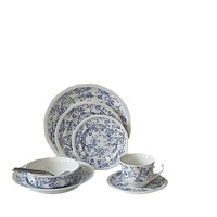 Service de table en porcelaine de style rétro français, motif floral bleu, assiettes, bols, tasses et soucoupes, qualité alimentaire, idéal pour offrir