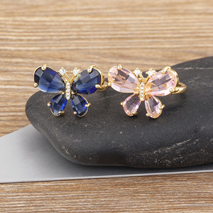 BKG Trendiger Bunter Zirkon-Schmetterlingsring für Damen/Unisex 18K Vergoldetes Messing Verstellbar Größenveränderbar Micro-Pavé Hochzeits-Verlobungsring - Product Image 4