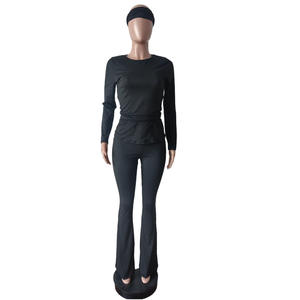 Bahar kadın giyim seksi düz egzersiz spor Fitness Flare pantolon setleri uzun kollu O boyun kadınlar 2 parça Set - Product Image 6