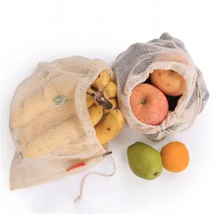 Home Kitchen Natural Cotton Vegetable Fruit Shopping Drawstring Mesh Bags