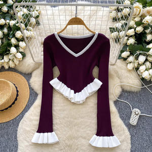 Fall Women's <b>Patchwork</b> Knit <b>Top</b> With Ruffled Hem and Sleeves Fashion - Product Image 5