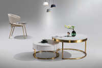 Table basse ovale en marbre de luxe moderne dorée en pierre frittée pour salon, ensemble de tables à thé et à café Foshan Furniture