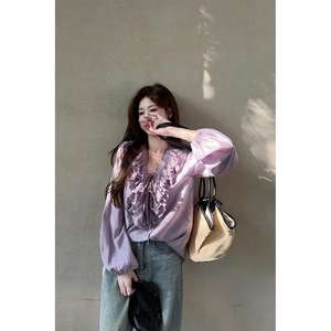 Chemise à volants florale à col en V de style français, manches longues en mousseline de soie, vêtements décontractés pour femmes, couleur violette, pour le printemps - Product Image 1