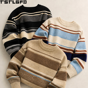 Pull en maille ample à rayures col rond, coupe oversize, manches longues, style streetwear décontracté, pour l'automne, personnalisable, vente en gros, fournisseur d'usine - Product Image 1